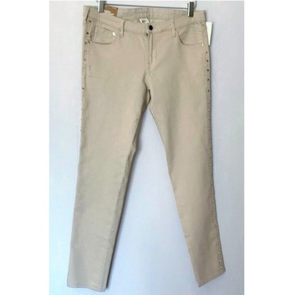 H&M LOW RISE SKINNY ANKLE JEANS BEIGE GOLD STUDDED LEGS SZ 33 NWT - Picture 2 of 10